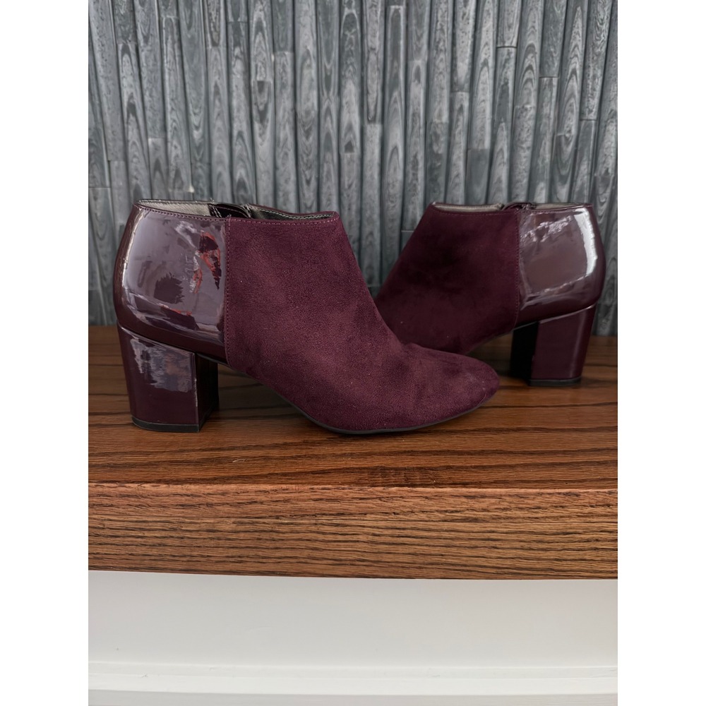LifeStride Parigi Bootie Burgundy Mixed Media Faux Suede Patent Block Heel 8W